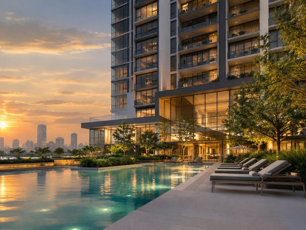 Condomínio residencial com piscina ao pôr do sol