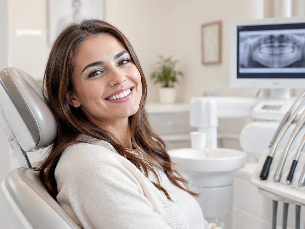 Mulher sorrindo em clínica odontológica