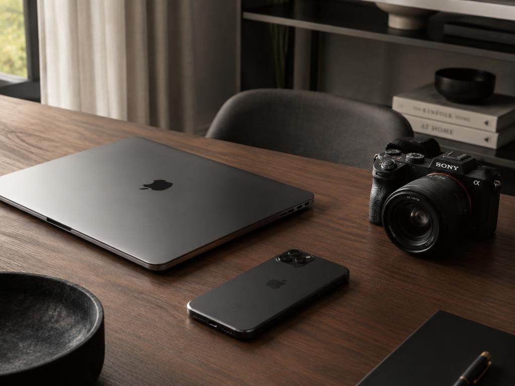Notebook, celular e câmera sobre mesa de madeira
