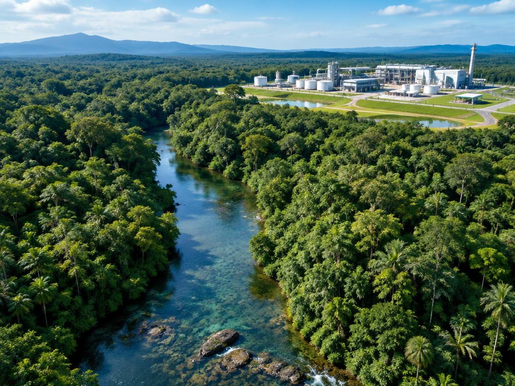 Instalação industrial próxima a uma floresta e um rio