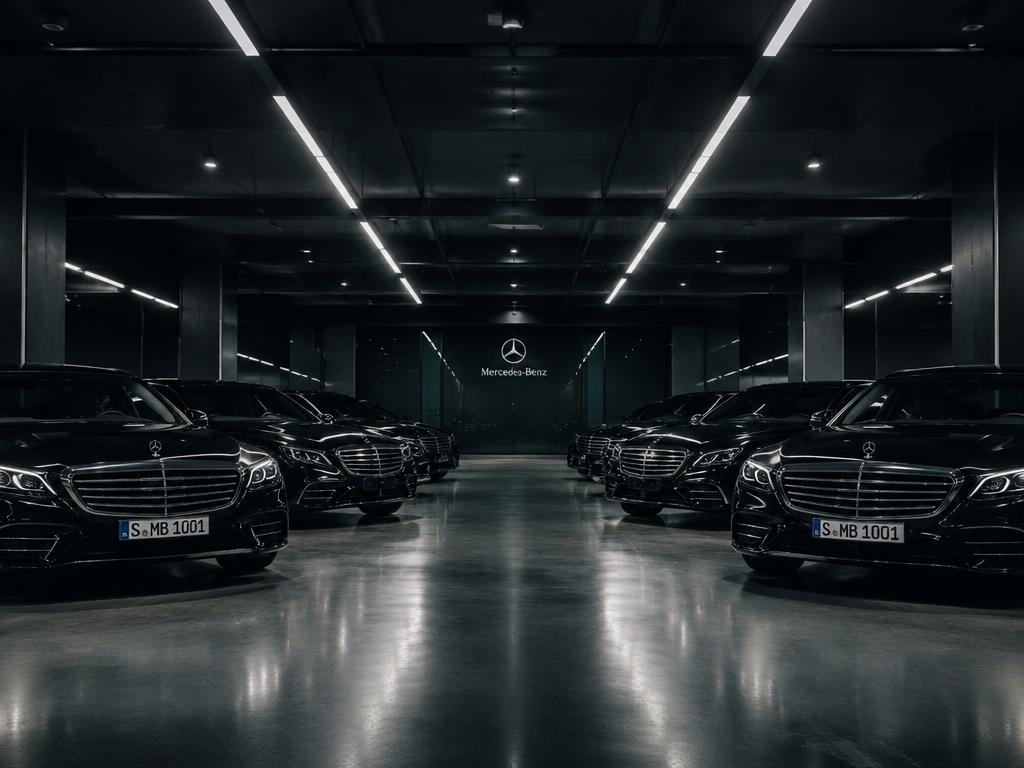 Frota de veículos executivos em garagem corporativa